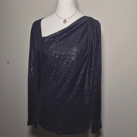 Ramy Brook Shimmering Navy Metallic Sparkly Draped Knit Top S - Picture 2 of 14